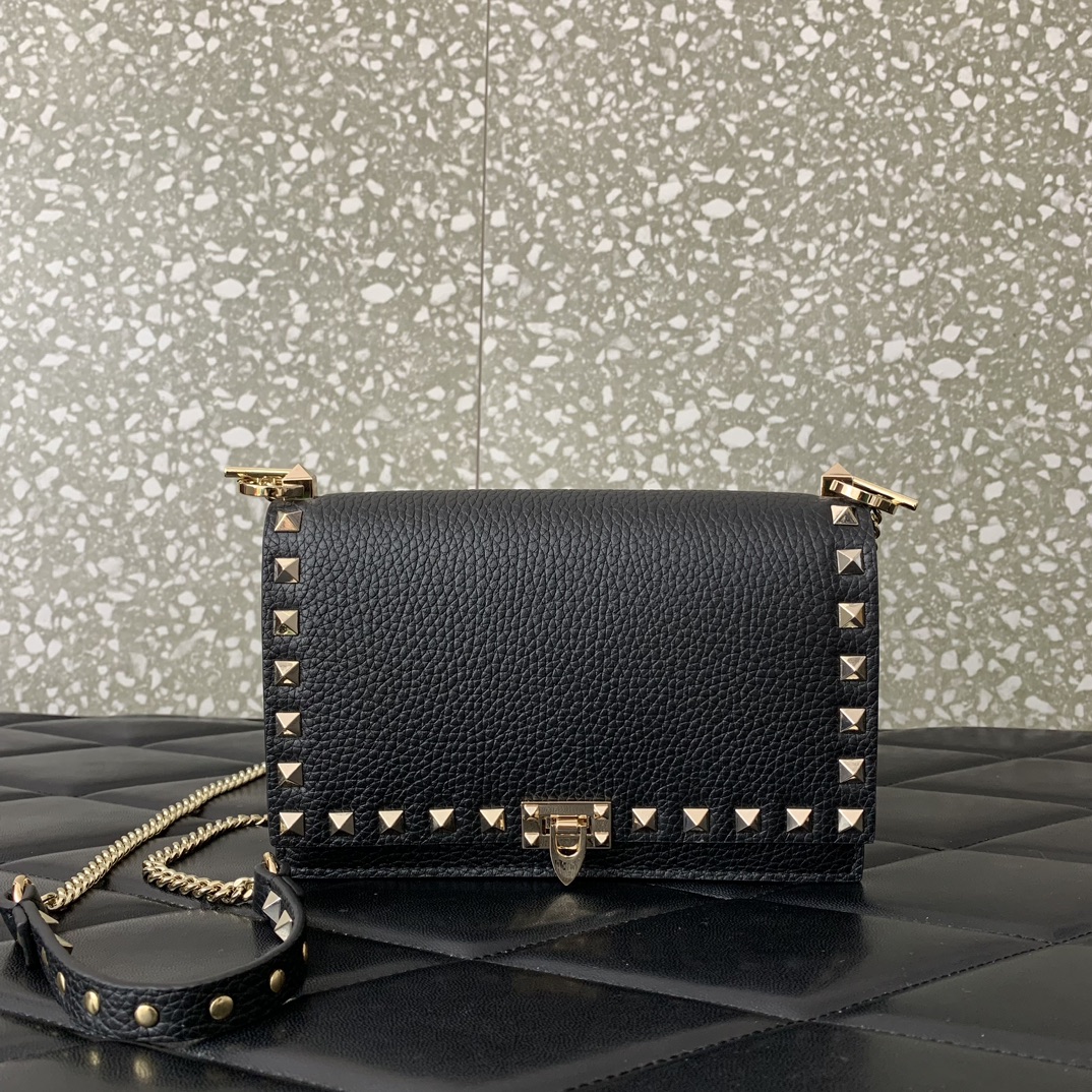 Valentino Garavani Rockstud Small Shoulder Bag in Black Grainy Calfskin